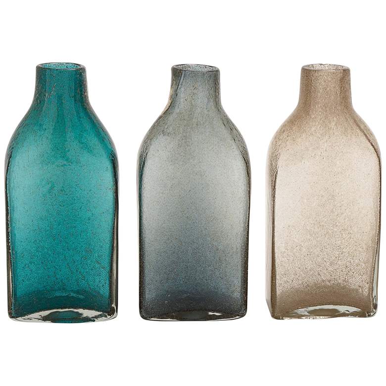 Image 2 Gray Beige and Green Glass 14 3/4 inchH Bottle Vases Set of 3