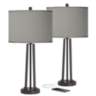 Gray Faux Silk and Dark Bronze USB Table Lamps Set of 2