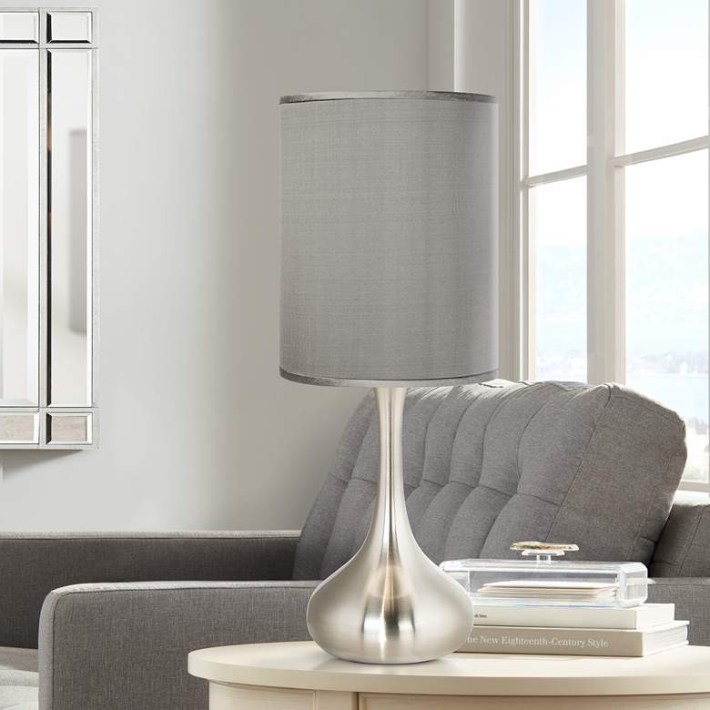 Gray Faux Silk Brushed Nickel Droplet Table Lamp