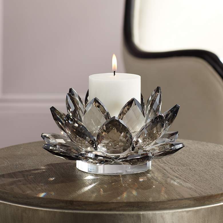 Image 1 Gray Glass 9 1/4 inch Wide Crystal Lotus Candle Holder