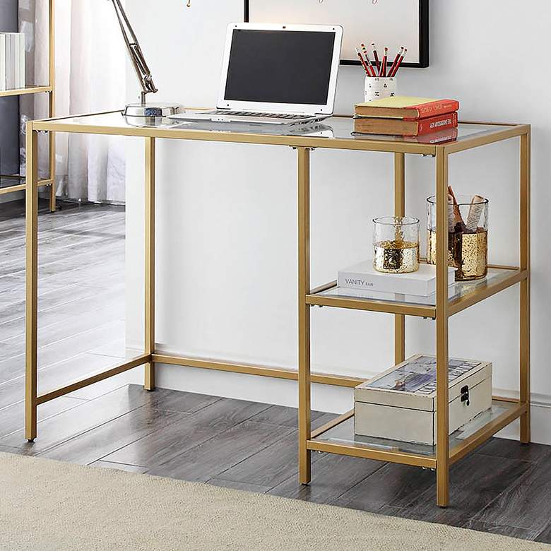 Image 1 Grayson 42" Wide Tempered Glass and Gold Metal 2-Shelf Office Desk
