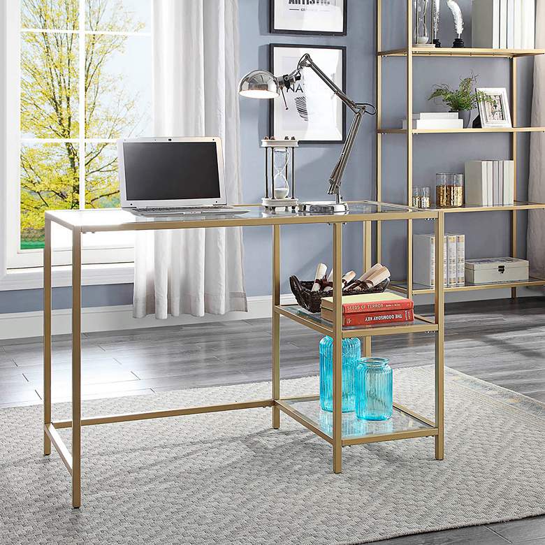 Image 4 Grayson 42 inch Wide Tempered Glass and Gold Metal 2-Shelf Office Desk more views