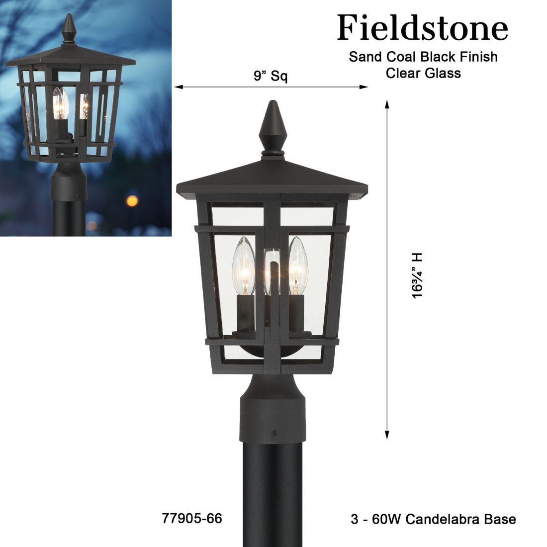 Great Outdoors Fieldstone 3-Light 9-in Sand Coal Black Outdoor Post Mount