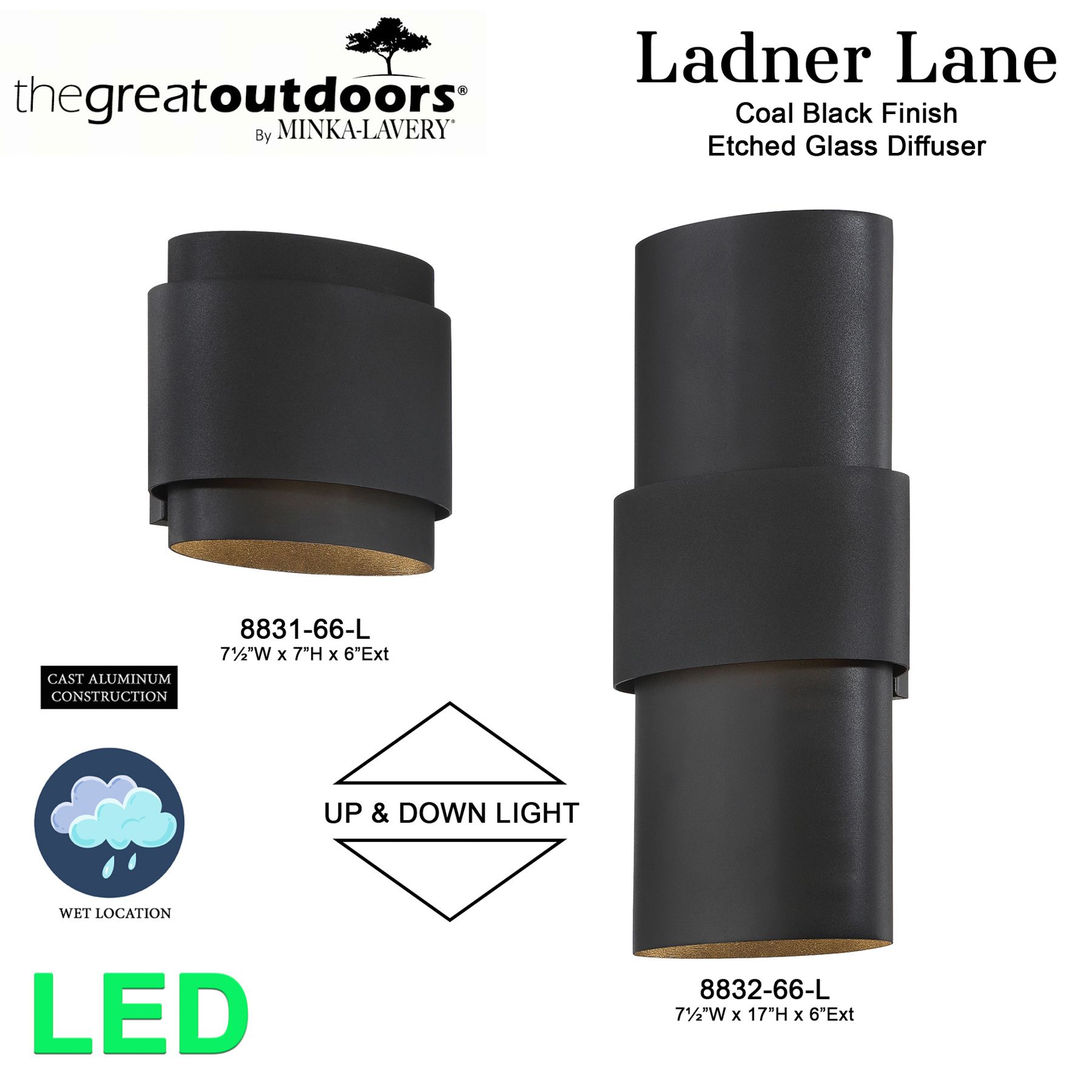Great Outdoors Ladner Lane 2-Light LED Sand Black Outdoor Wall Mount