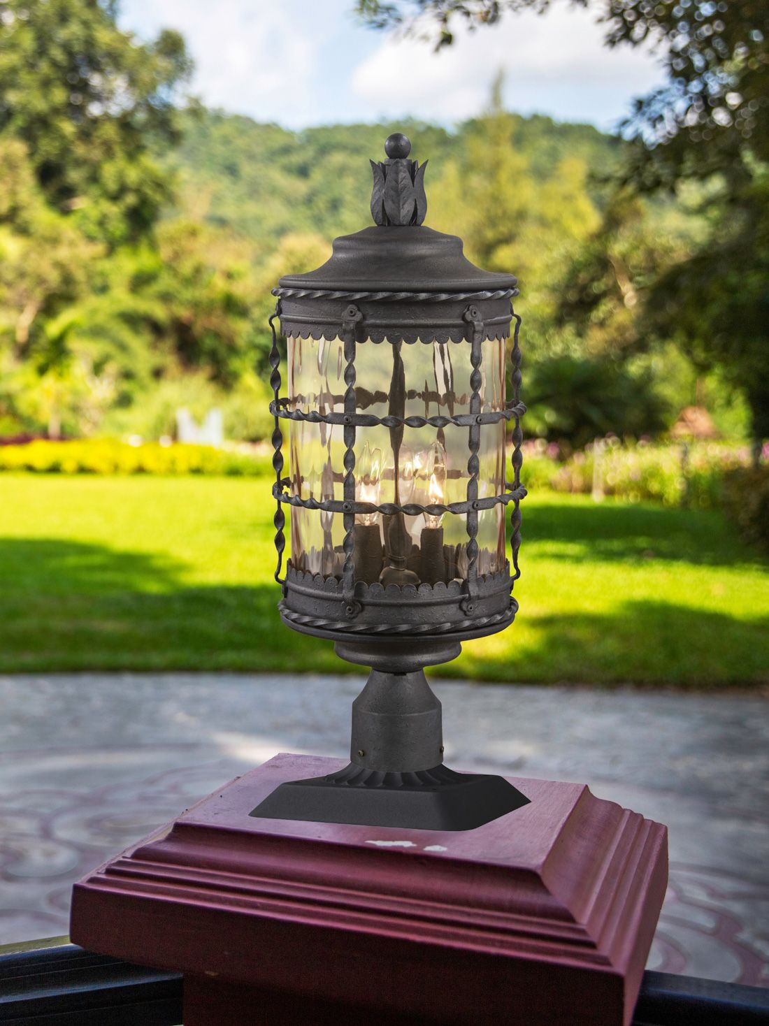 Image 4 Great Outdoors Mallorca 3-Light Spanish Iron Outdoor Cylinder Post Mount more views