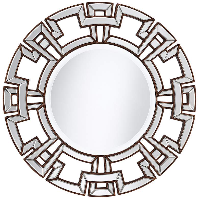 Image 1 Greek Key 34 1/2" Wide Bronze Round Wall Mirror