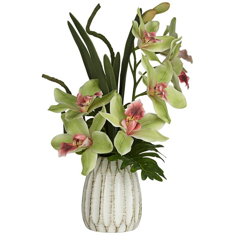 Green and Pink Cymbidium Orchid 19 1/2 inchH Faux Flowers in Pot