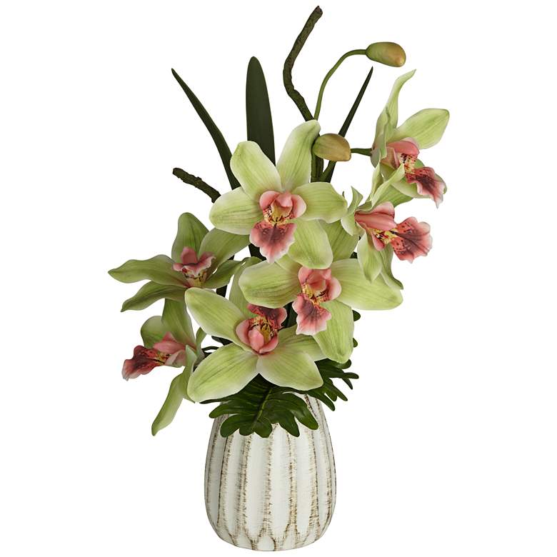 Green and Pink Cymbidium Orchid 19 1/2 inchH Faux Flowers in Pot more views