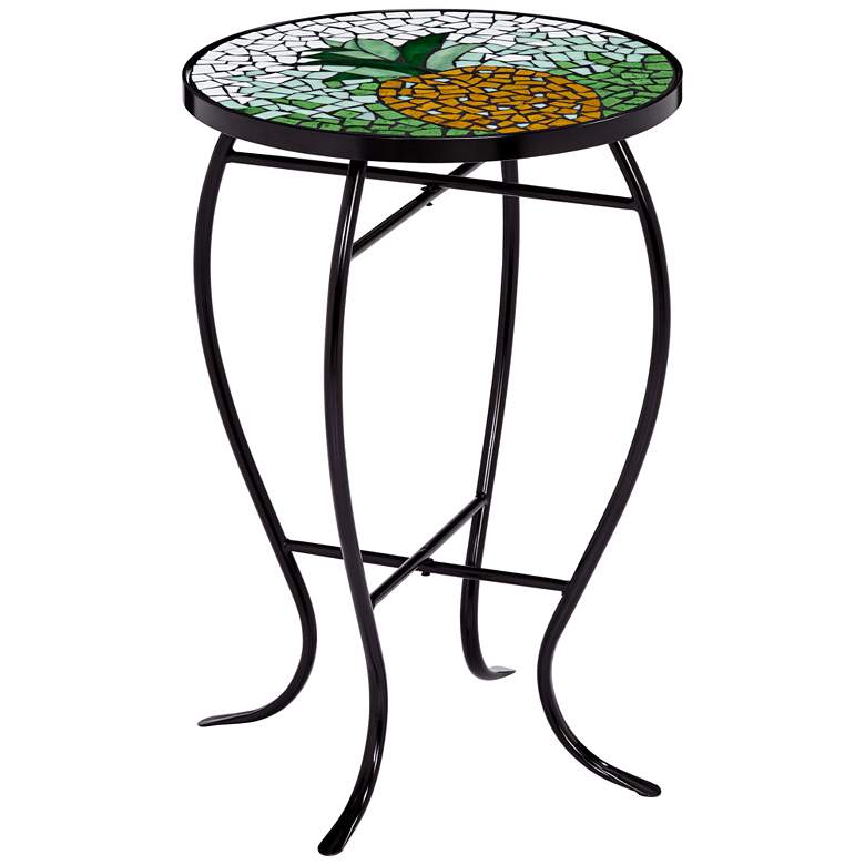 Image 1 Green and White Pineapple Mosaic Round Outdoor Accent Table