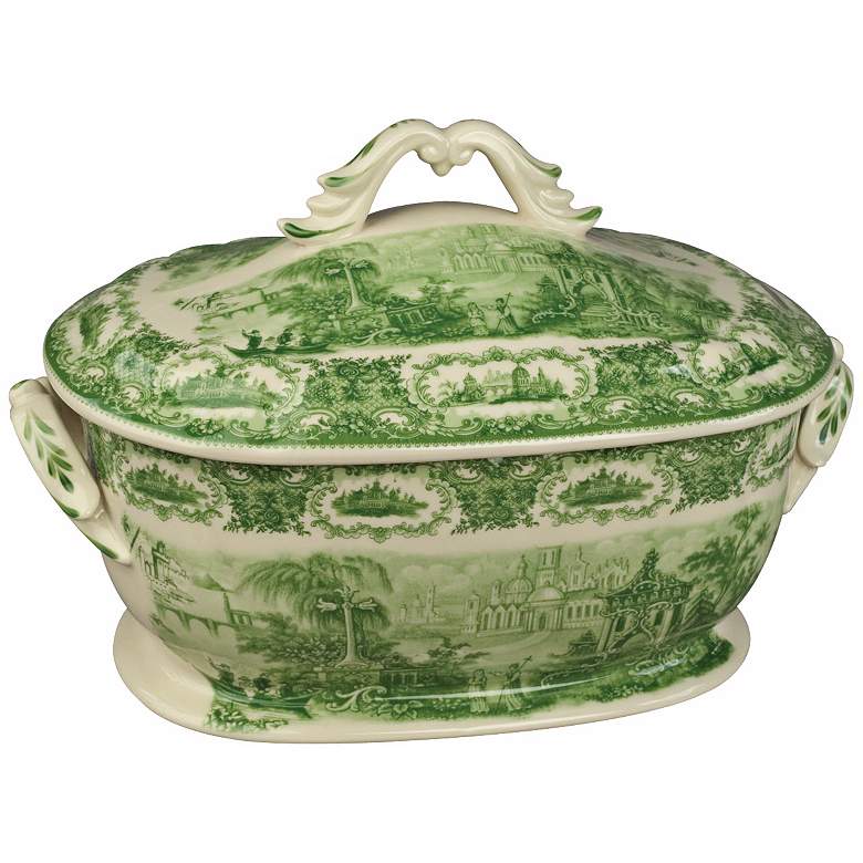 Image 1 Green and White Porcelain 14 inch Wide Tureen