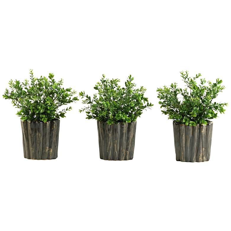 Image 1 Green Boxwood Spray 9 1/2 inchH in Set of 3 Oval Ceramic Planters