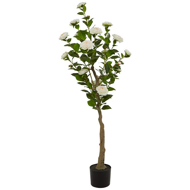 Image 2 Green Camellia Tree w/ Flowers 56 inchH Faux Plant in Black Pot