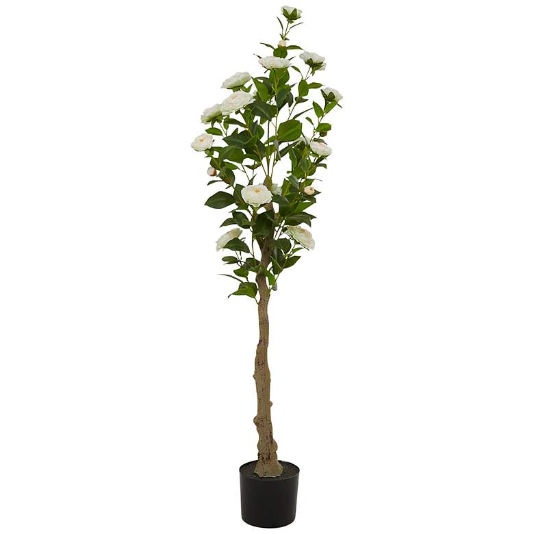 Image 5 Green Camellia Tree w/ Flowers 56"H Faux Plant in Black Pot more views
