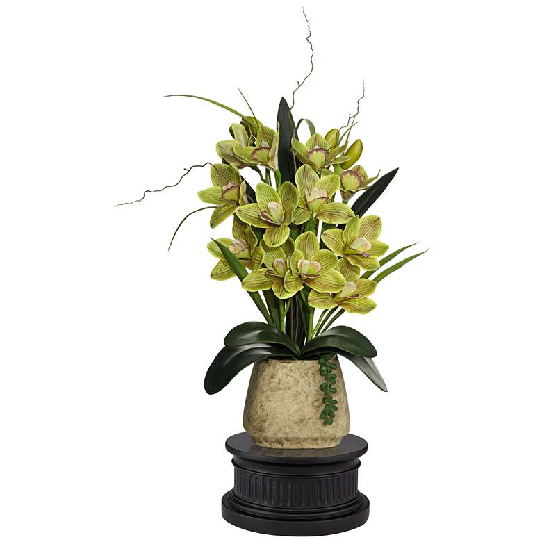 Image 1 Green Cymbidium Faux Orchid 21 1/2 inchH With Black Round Riser