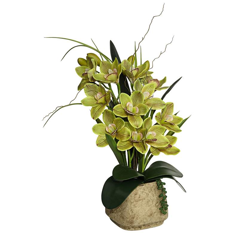 Image 4 Green Cymbidium Faux Orchid 21 1/2 inchH With Black Round Riser more views