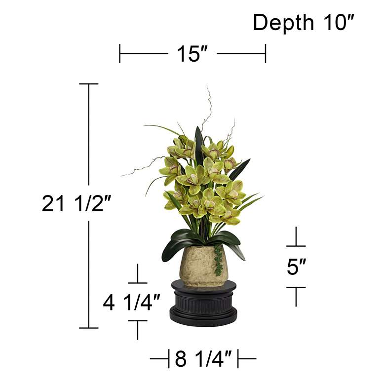 Image 5 Green Cymbidium Faux Orchid 21 1/2 inchH With Black Round Riser more views