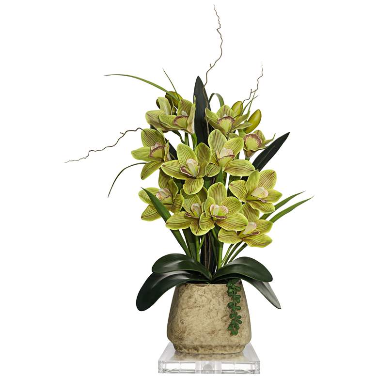 Image 1 Green Cymbidium Faux Orchid 21 inchH With 7 inch Square Acrylic Riser