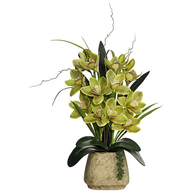 Green Cymbidium Orchid 21 1/2 inch High Faux Flowers in Pot