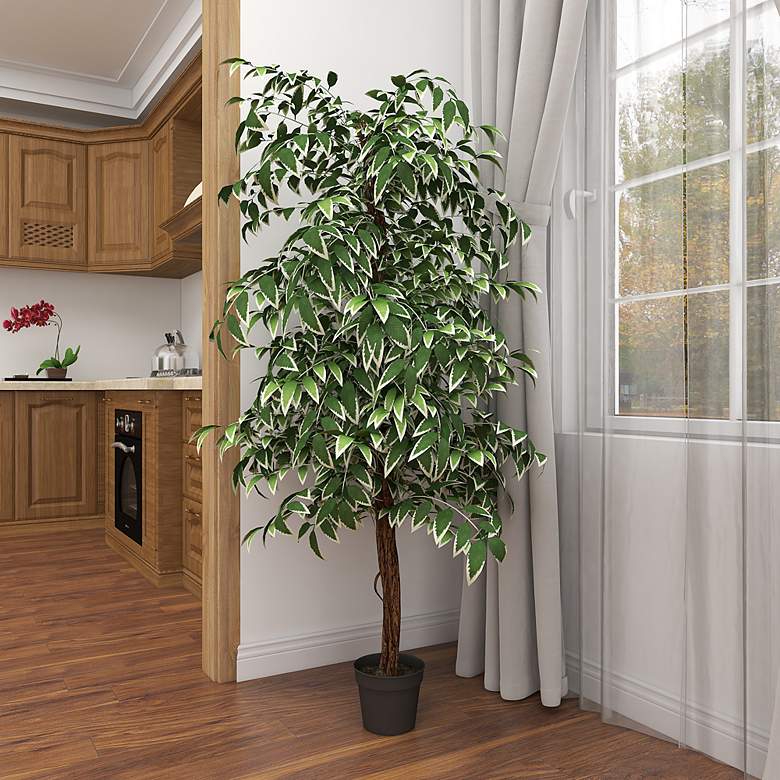 Image 5 Green Ficus Tree 73" High Faux Plant in Black Pot more views