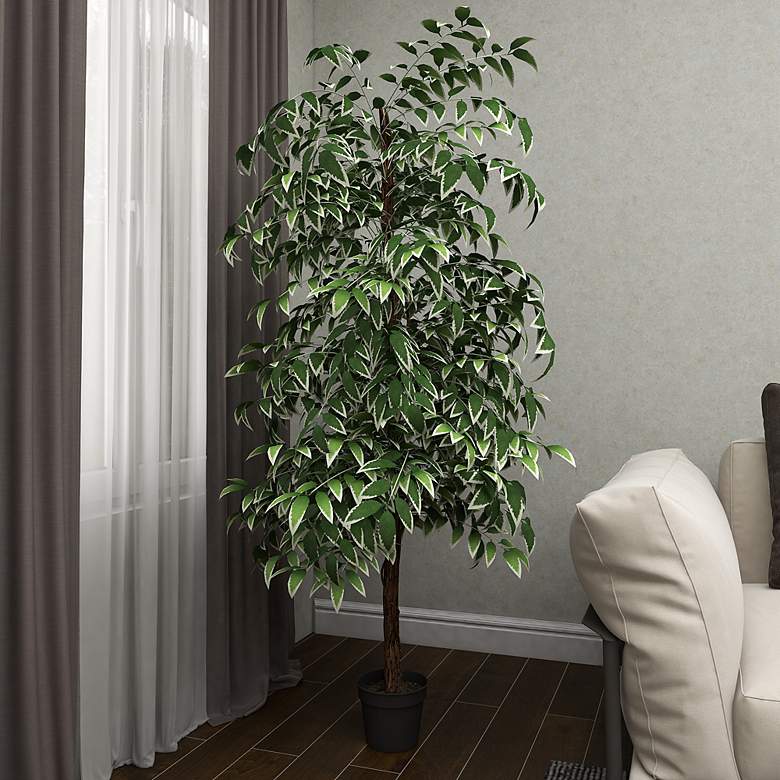 Image 6 Green Ficus Tree 73" High Faux Plant in Black Pot more views