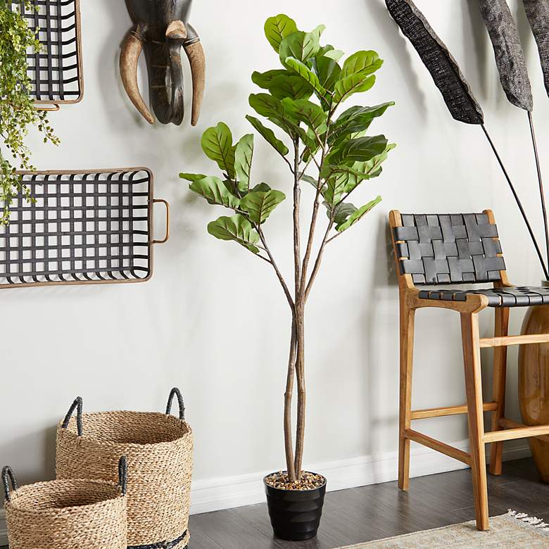 Image 1 Green Fiddle Leaf Tree 63"H Faux Plant in Black Melamine Pot