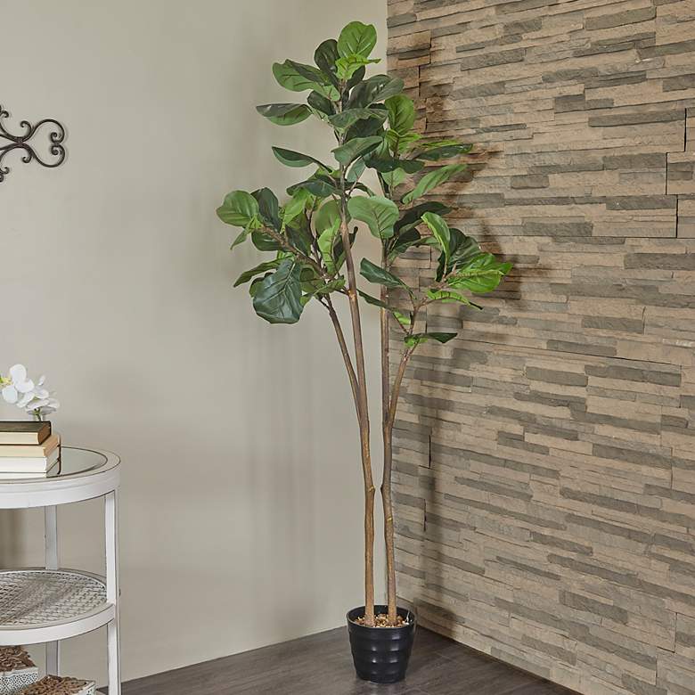 Image 1 Green Fiddle Leaf Tree 70"H Faux Plant in Black Melamine Pot