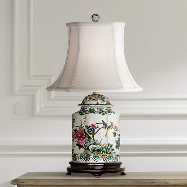 Image 1 Green Floral Porcelain Scalloped Tea Jar Table Lamp
