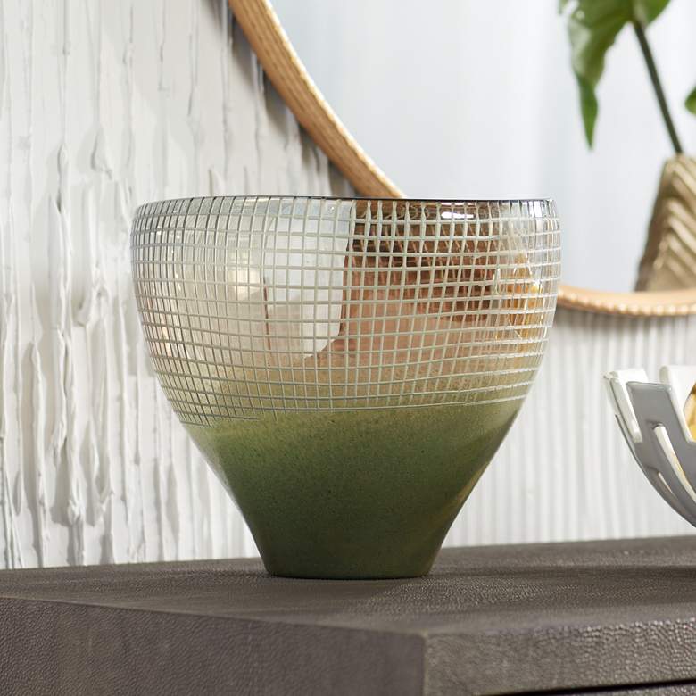 Image 1 Green Hashed Top 10 1/2" Wide Glass Bowl