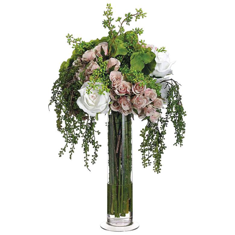 Image 1 Green Hydrangea and Pink Rose 23" High Faux Floral Bouquet