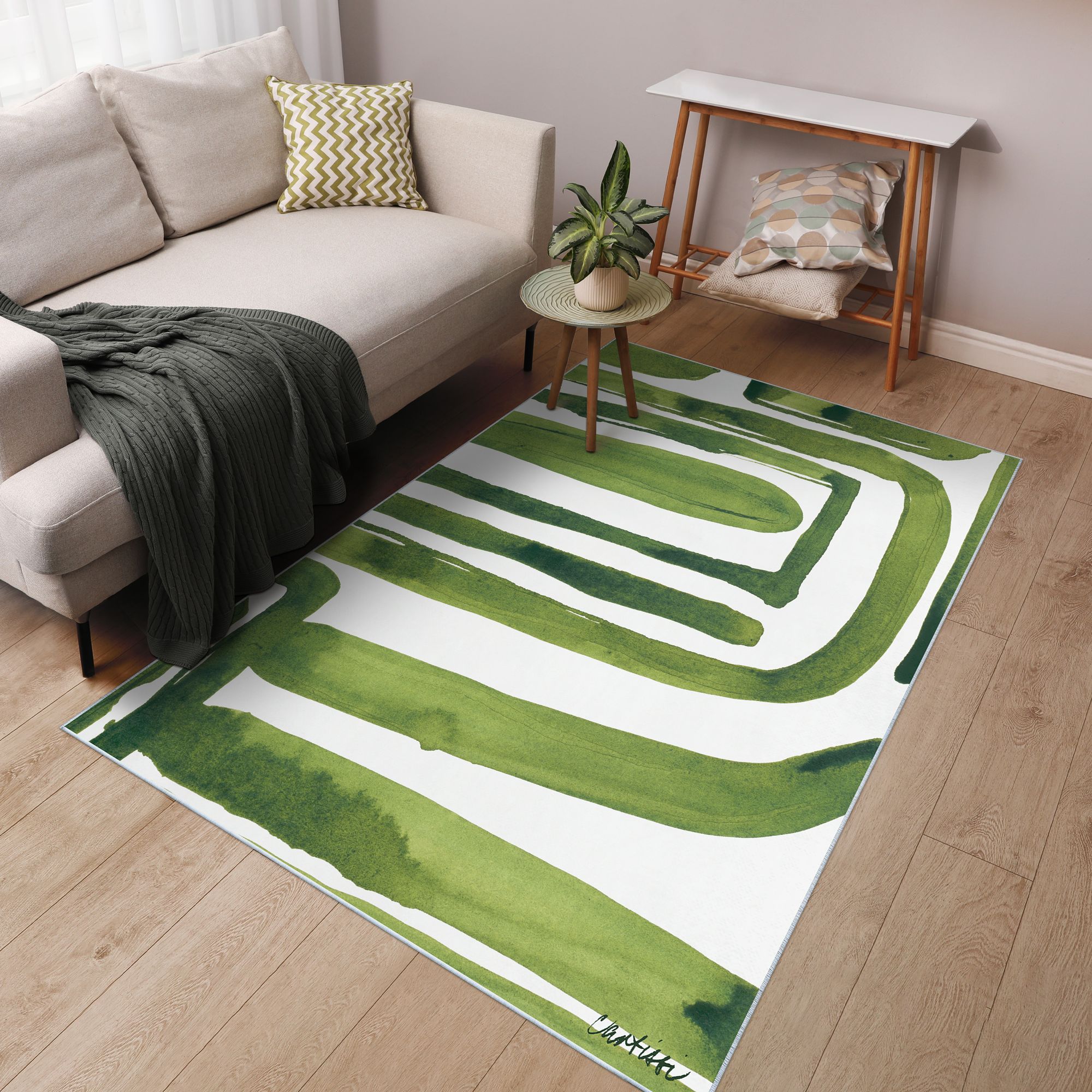 Image 2 Green Labyrinth II Washable Abstract Art Area Rug size 5'x8' more views