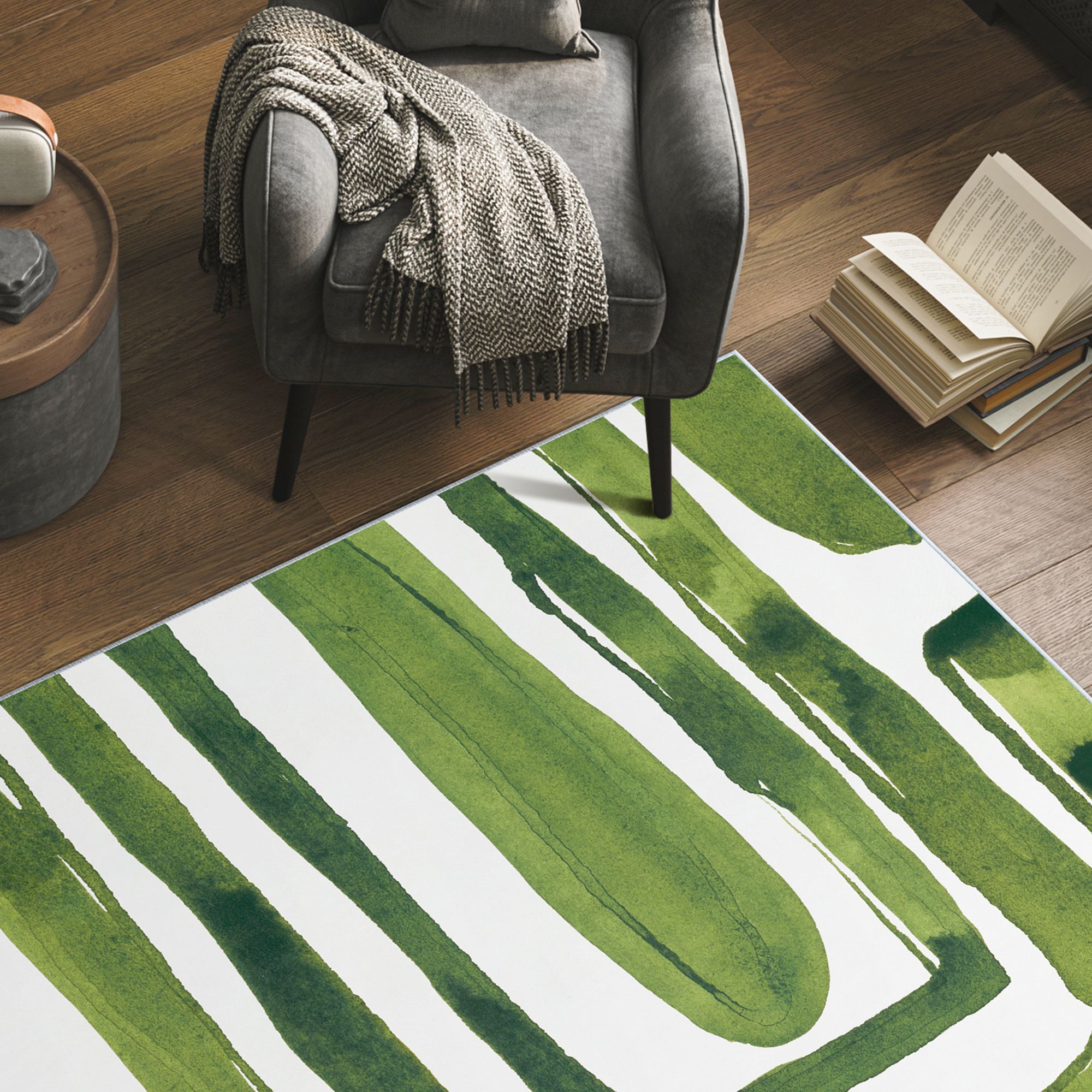 Image 5 Green Labyrinth II Washable Abstract Art Area Rug size 5'x8' more views