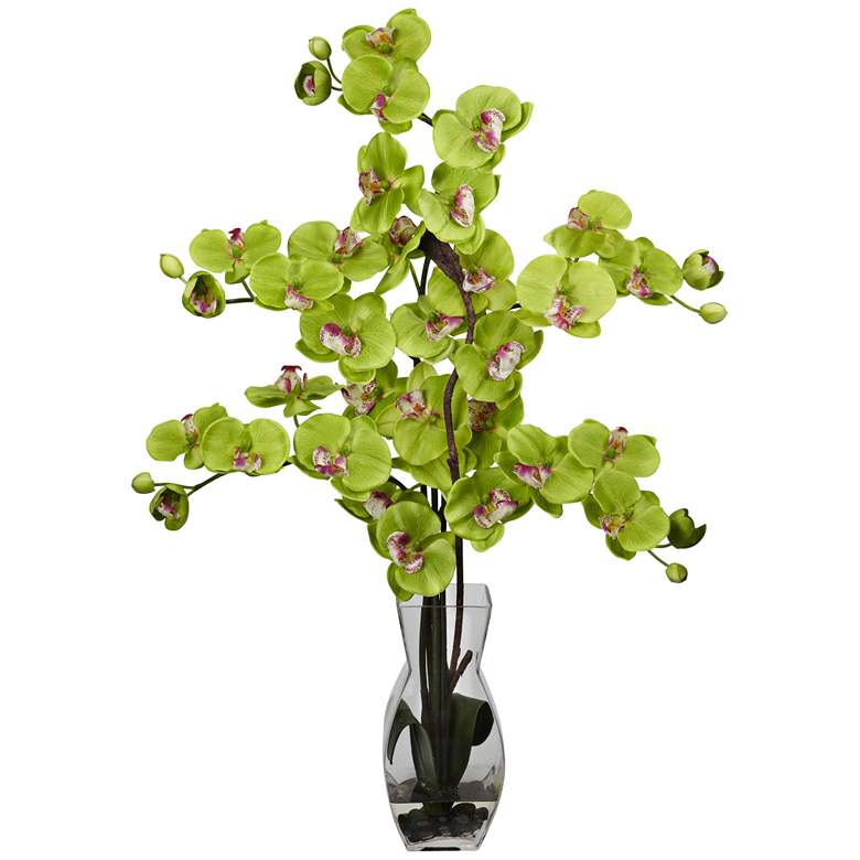 Image 1 Green Phalaenopsis Orchid 29"H Faux Flowers in Glass Vase
