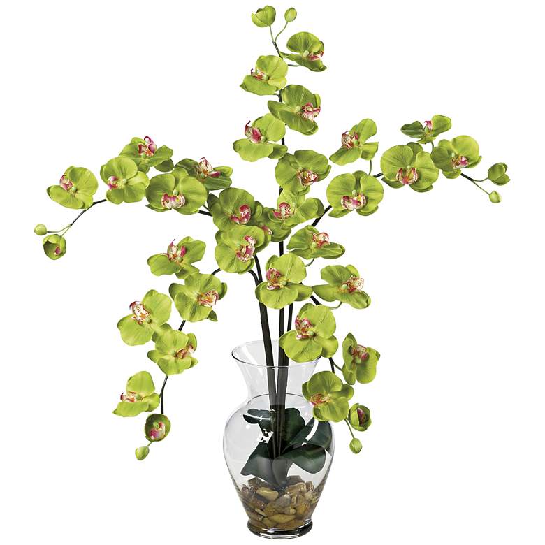 Image 1 Green Phalaenopsis Orchid 31" H Faux Flowers in Glass Vase