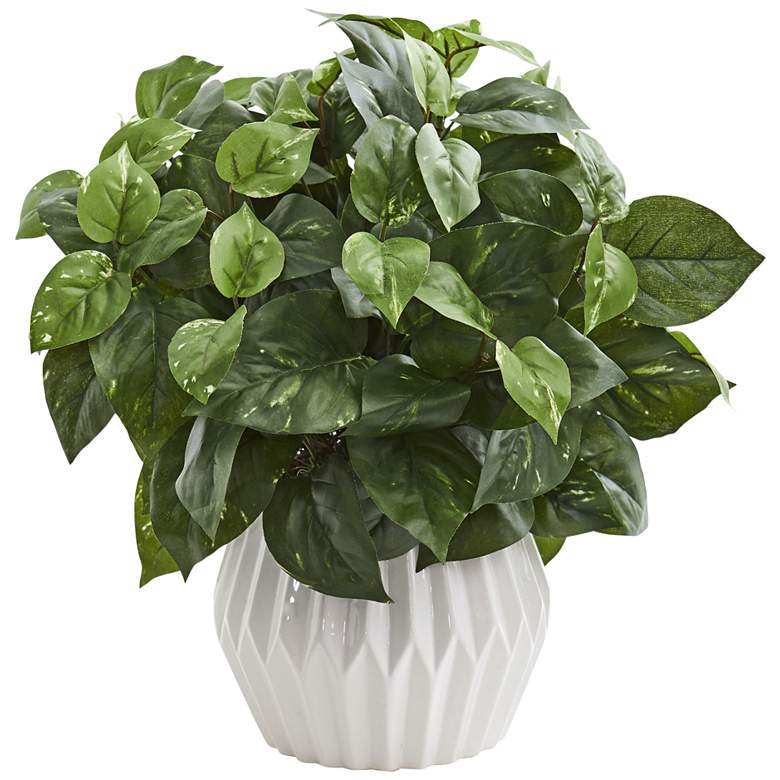 Image 1 Green Pothos 16" High Faux Plant in White Ceramic Vase
