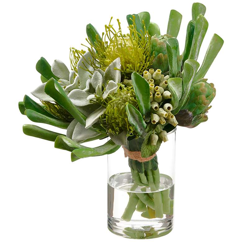 Image 1 Green Protea Succulent 21 1/2 inch Wide Faux Plant in Glass Vase