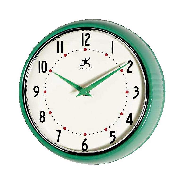 Image 1 Green Retro Round Metal 9 1/2 inch Wide Wall Clock