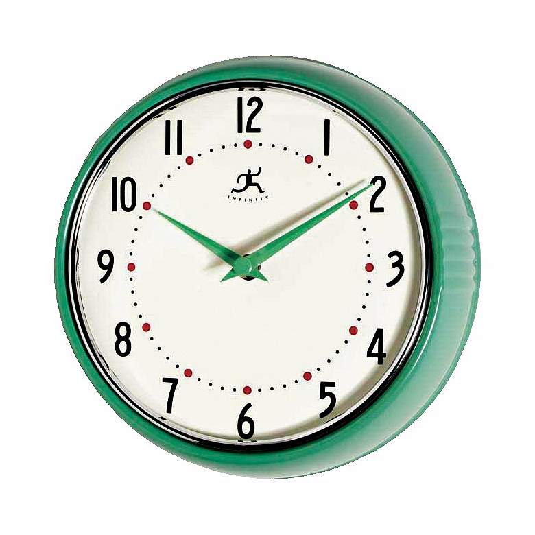 Image 1 Green Retro Round Metal 9 1/2" Wide Wall Clock