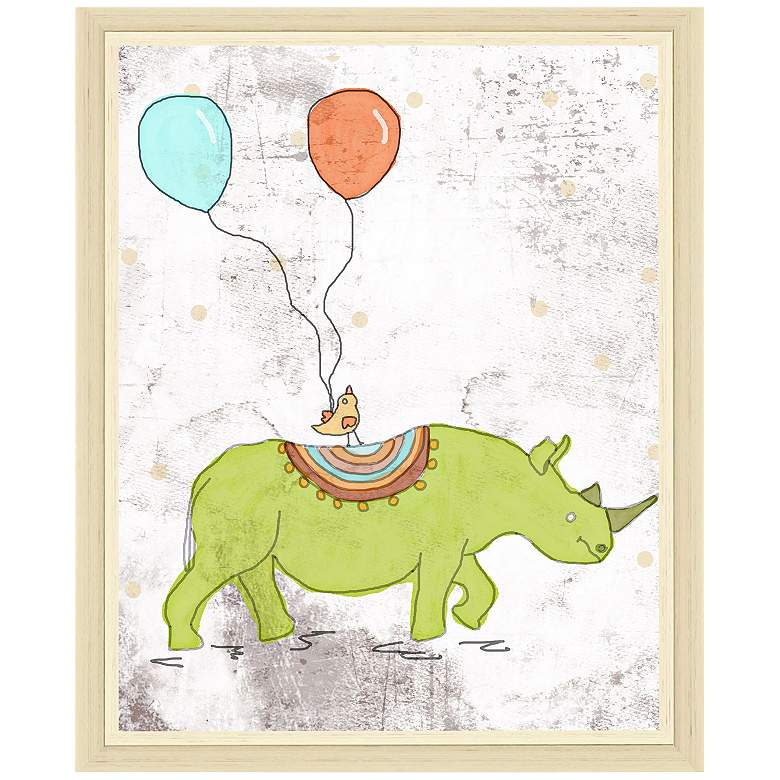 Image 1 Green Rhino and Bird 28 inch High Cream Framed Canvas Art