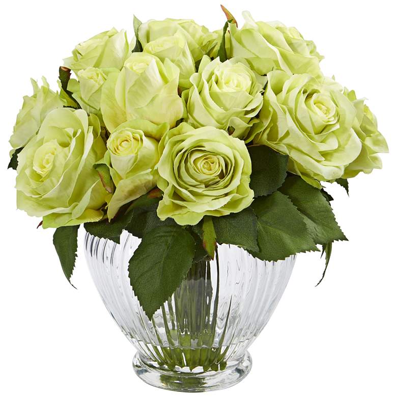 Image 1 Green Rose 10 inch Wide Faux Flowers in Round Glass Vase