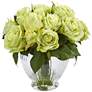 Green Rose 10" Wide Faux Flowers in Round Glass Vase