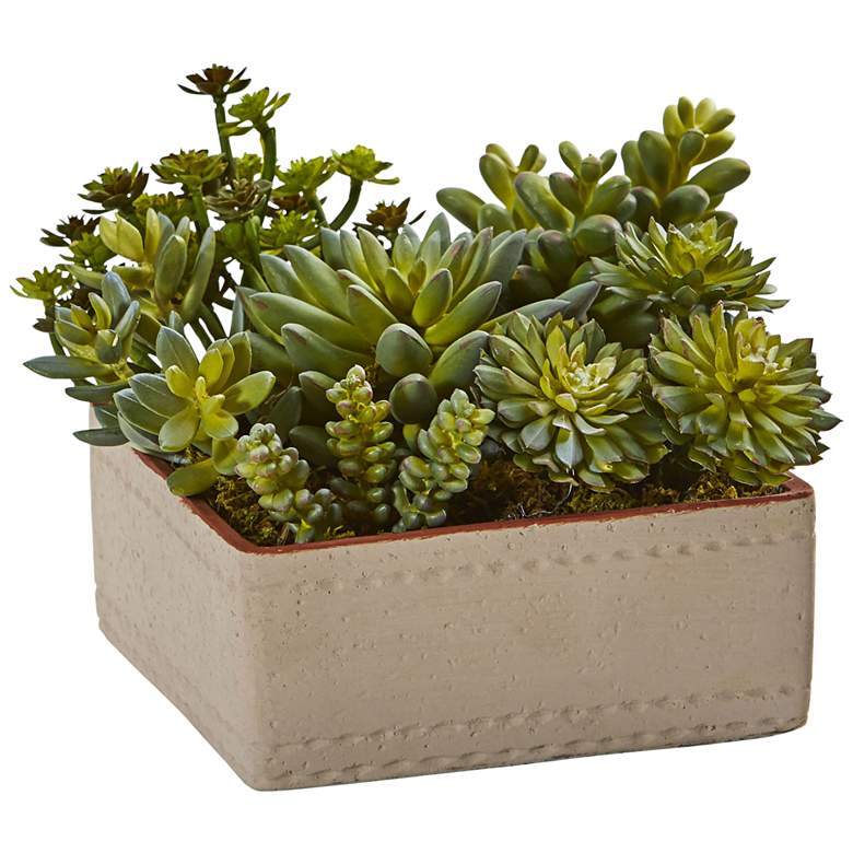 Image 1 Green Succulents 8" Wide Faux Plants in Decorative Planter