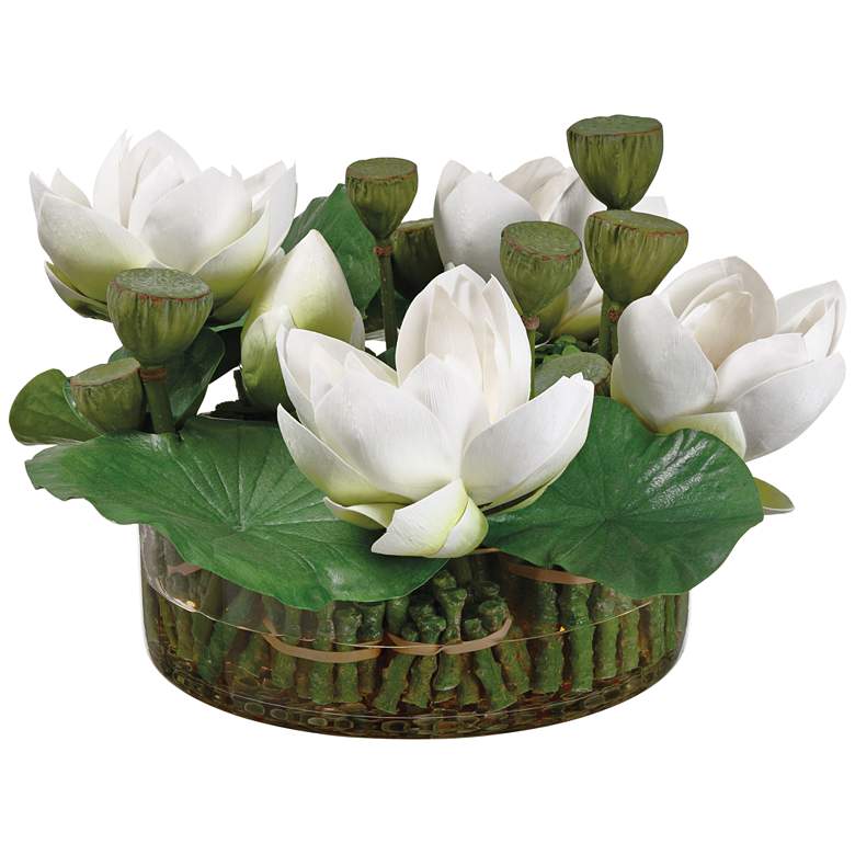 Image 1 Green White Lotus 18 1/2 inch Wide Faux Flowers in Vase