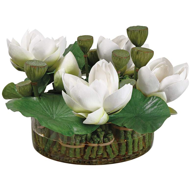 Image 1 Green White Lotus 18 1/2" Wide Faux Flowers in Vase