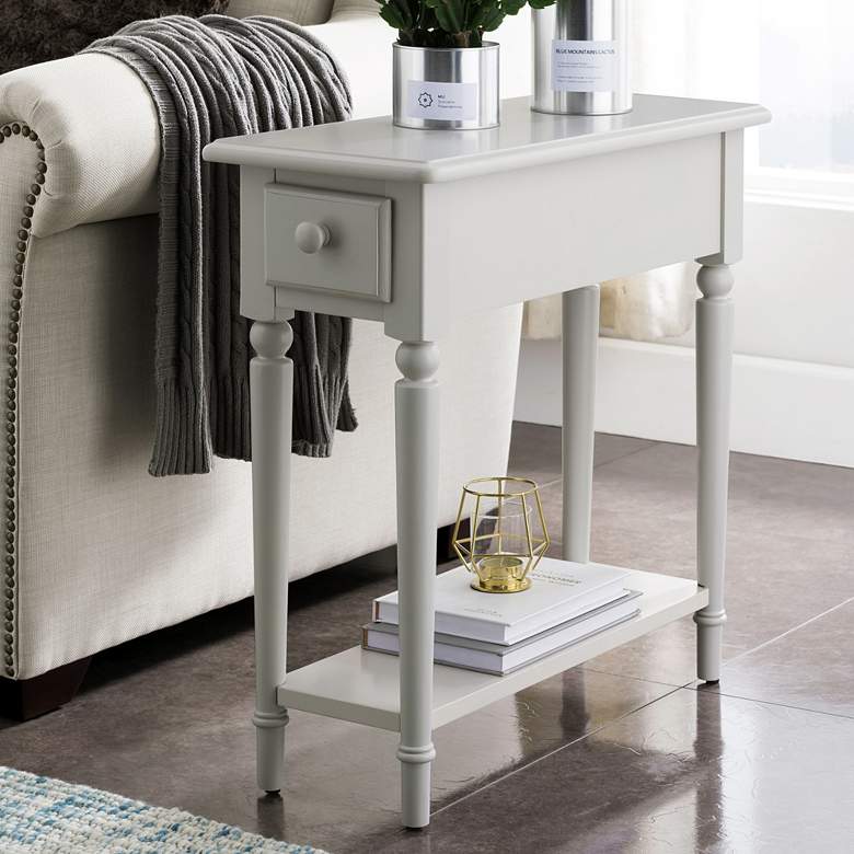 Image 1 Greige 10 inch Wide Gray 1-Drawer 1-Shelf Narrow Chairside Table