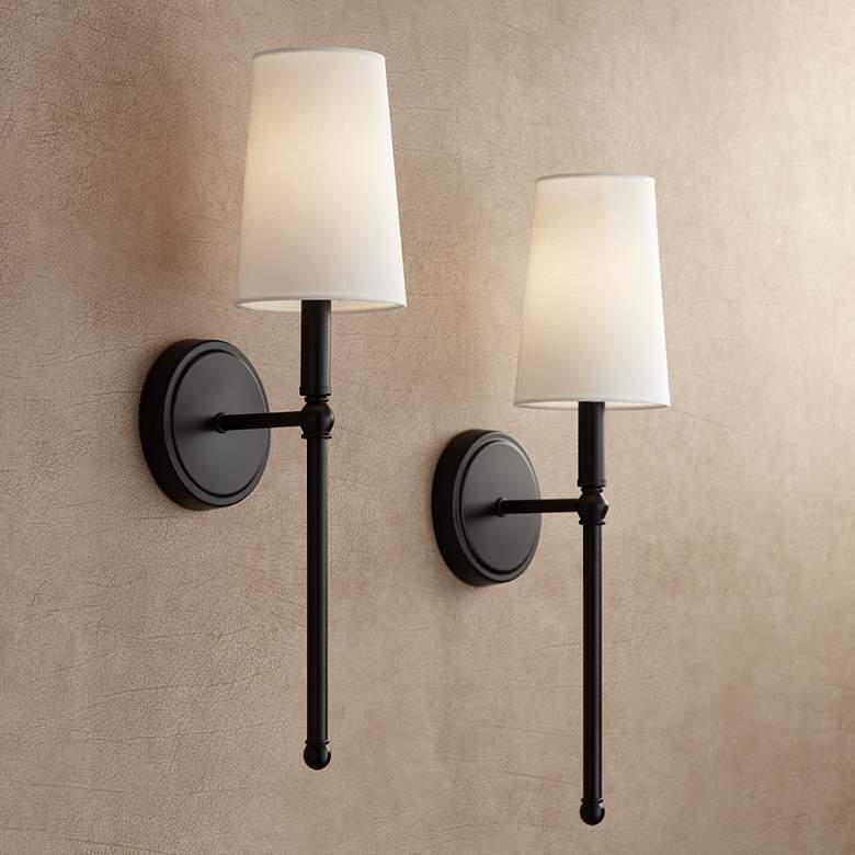 Image 1 Greta 21" High Bronze Wall Sconces with Linen Shades Set of 2