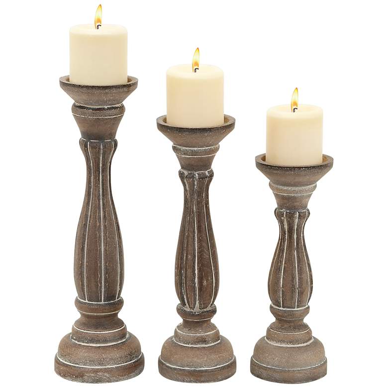 Image 2 Greta Distressed Brown Wood Pillar Candle Holders Set of 3