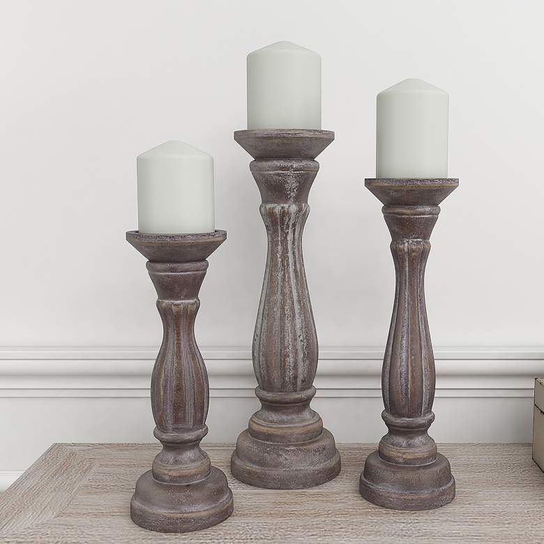 Image 1 Greta Distressed Brown Wood Pillar Candle Holders Set of 3