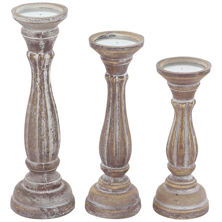 Image 4 Greta Distressed Brown Wood Pillar Candle Holders Set of 3 more views