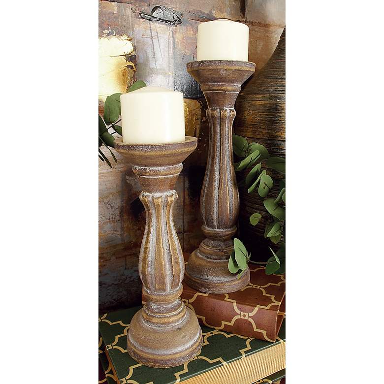 Image 7 Greta Distressed Brown Wood Pillar Candle Holders Set of 3 more views