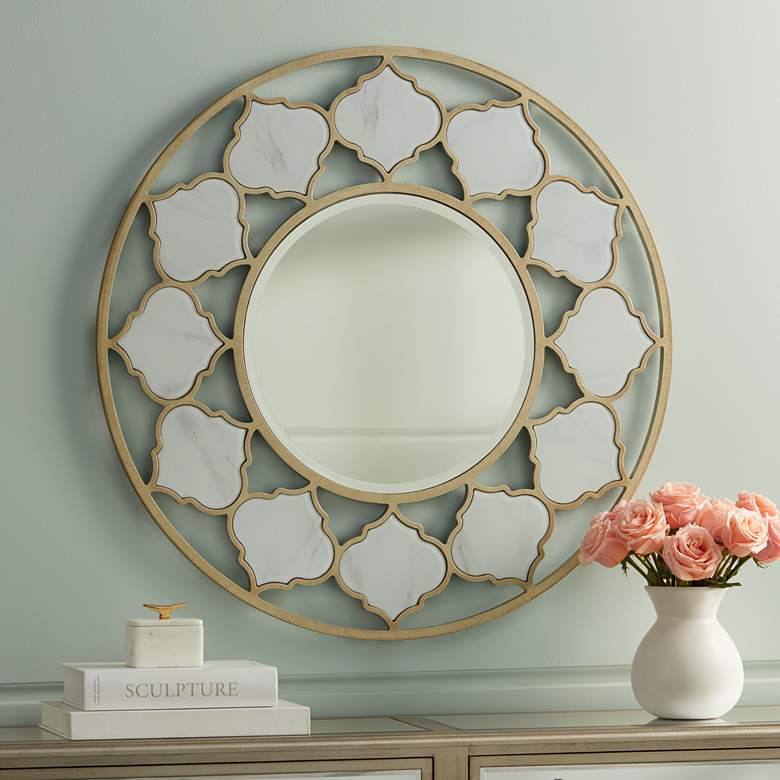 Image 1 Grigory Gold 35 1/2 inch Round Marble Wood Wall Mirror
